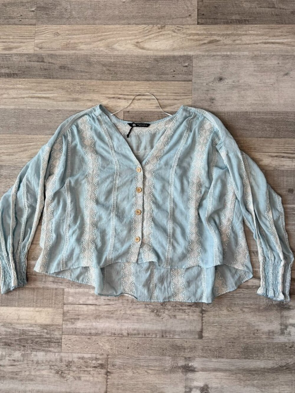 Zara Boxy Blue Heavily Embroidered Hi Low Hem Cropped Blouse Size XL E42